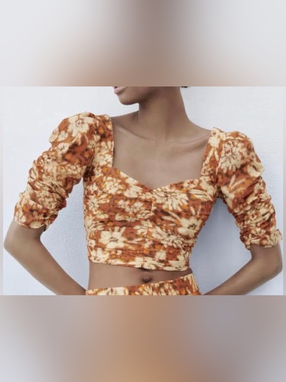 Zara Floral Ruched Crop Top with Sweetheart Neckline, sz S